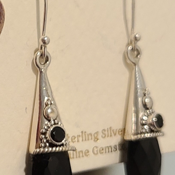 SHIVAM STERLING SILVER BLACK ONYX CONE TEARDROP TRIBAL ETCHED EARRINGS - Picture 7 of 9